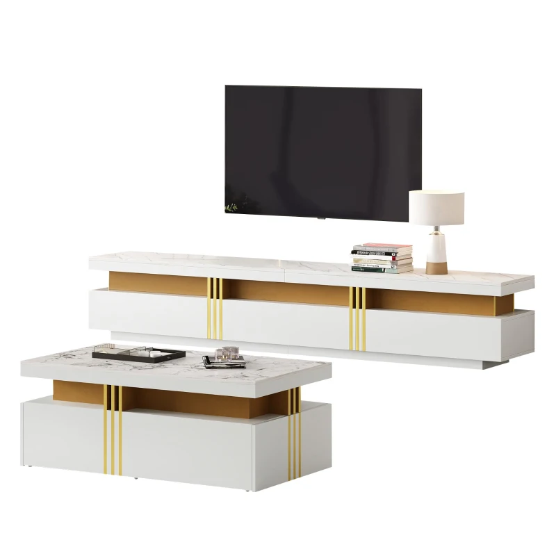TV Stand and Coffee Table Set with Ample Storage, 2-Piece Living Room Furniture Set with Durable Particleboard, 200L x 40W x 42H cm, White