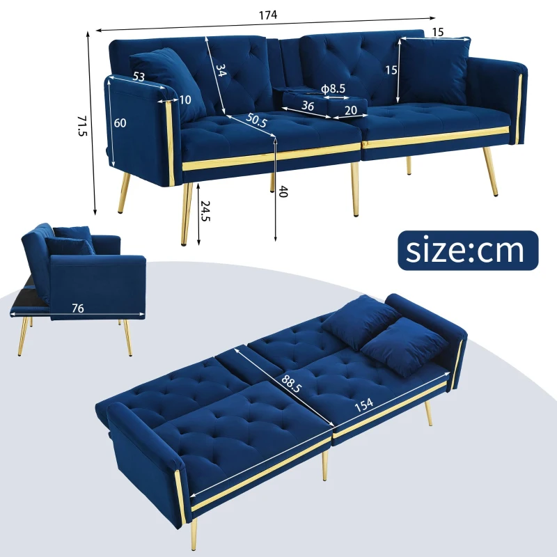 Two-Seater Convertible Sofa Bed with 3-Level Adjustable Backrest, Space-Saving Sleeper Sofa with High-Density Foam, 174L x 76W x 71.5H cm, Blue