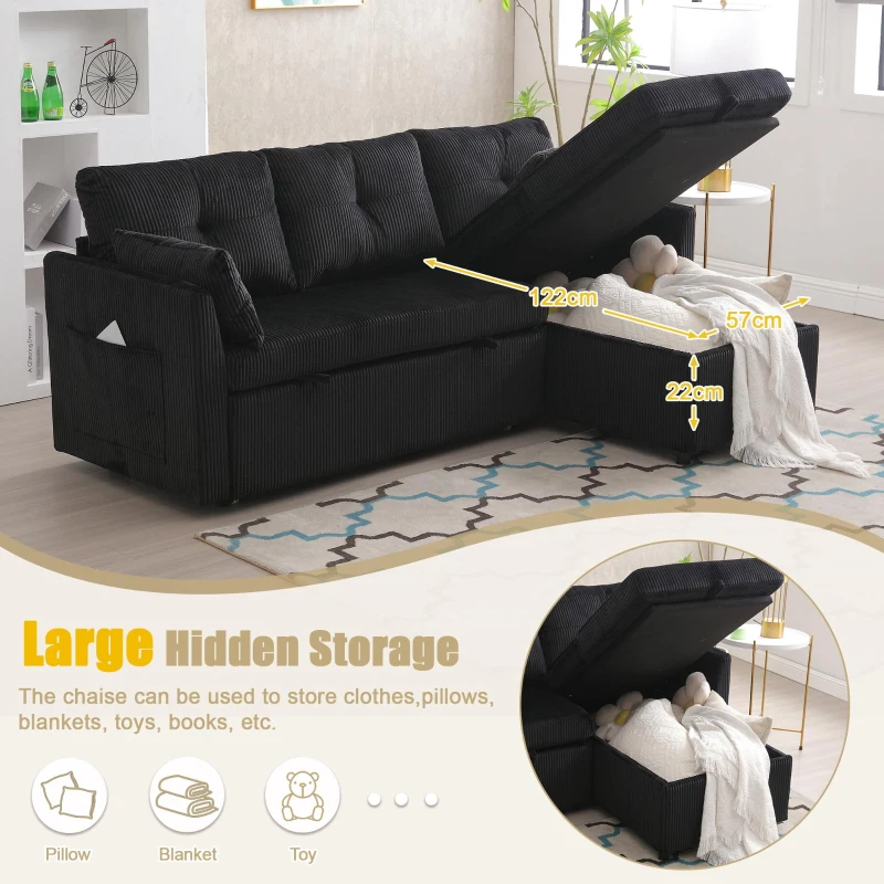 Stylish Sectional Sleeper Sofa with Reversible Storage Chaise, 3-In-1 L-Shaped Sofa with Corduroy Upholstery, 206L x 130W x 88H cm, Black