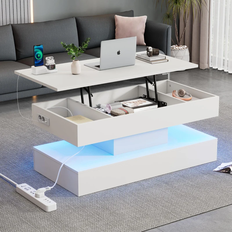 Modern Coffee Table with Bluetooth-Controlled LED Lighting, Lift-Up Center Table with Hidden Storage and Hydraulic Lift, 100L x 50W x 42H cm, White