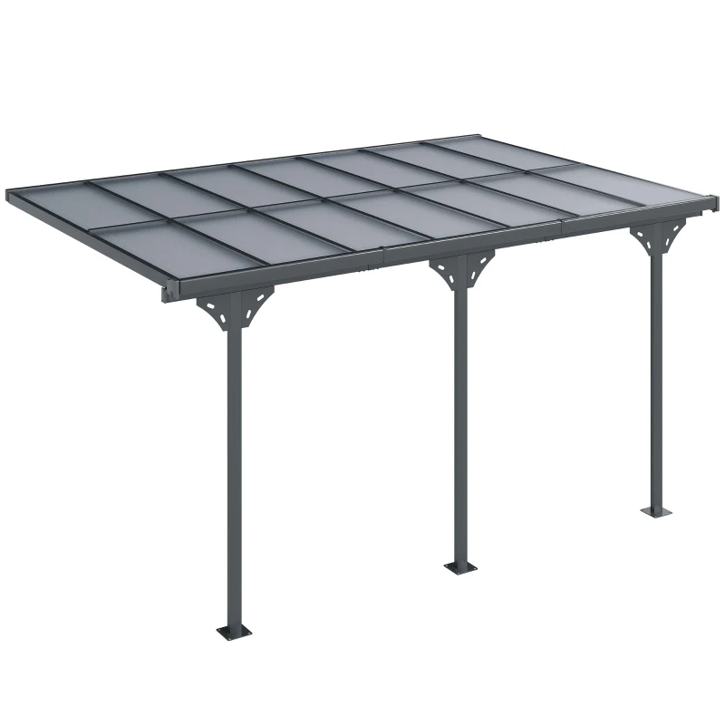 Outsunny Pergola adossée aluminium 4,5 x 3 m avec toit en polycarbonate résistant UV, gouttière intégrée, tonnelle de jardin pour terrasse patio véranda, gris