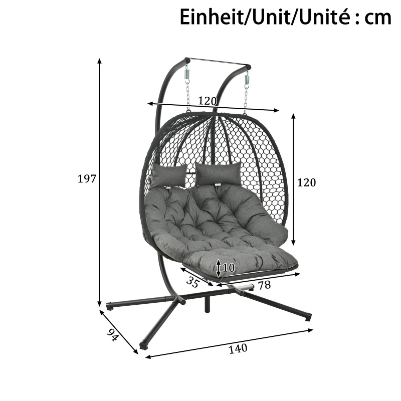 Cadeira suspensa em forma de ovo com suporte, cadeira de baloiço com apoio de pés regulável, cadeira suspensa de jardim com almofada de assento & almofado, 140x94x197 cm, Cinzento
