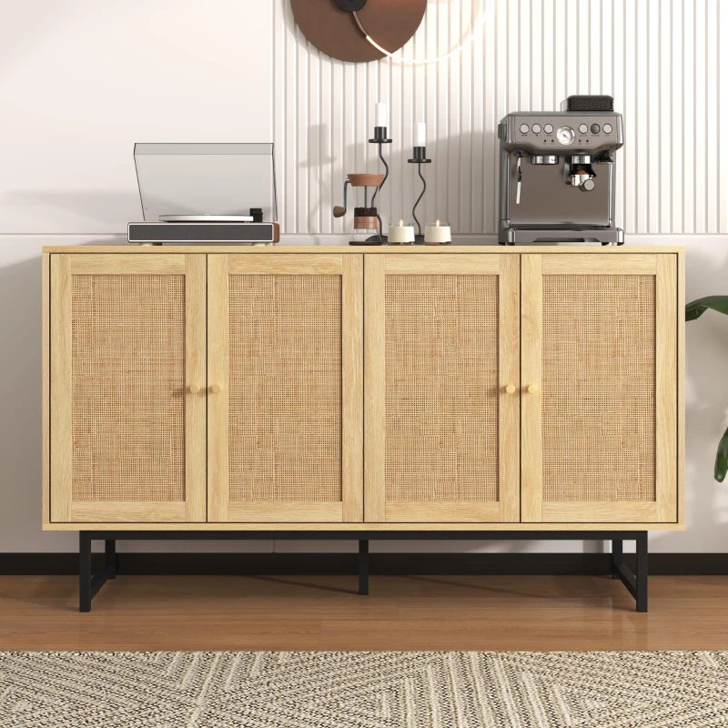 Aparador com rattan trançado, 4 portas, prateleiras ajustáveis, pés metálicos, 140x39,5x80 cm, Cor natural