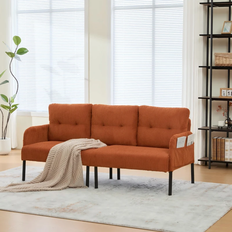 Oversized Two-Seater Corduroy Sofa with Ergonomic Curves, Comfortable Loveseat with Dual Side Storage Pockets, 171L x 72W x 80H cm, Orange