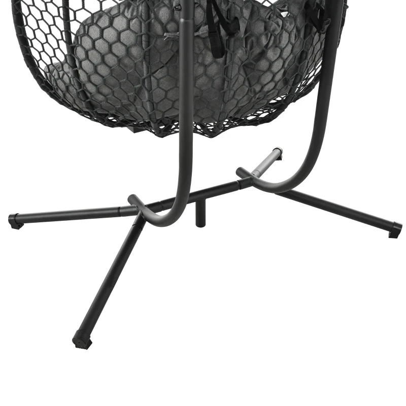 Cadeira suspensa em forma de ovo com suporte, cadeira de baloiço com apoio de pés regulável, cadeira suspensa de jardim com almofada de assento & almofado, 140x94x197 cm, Cinzento