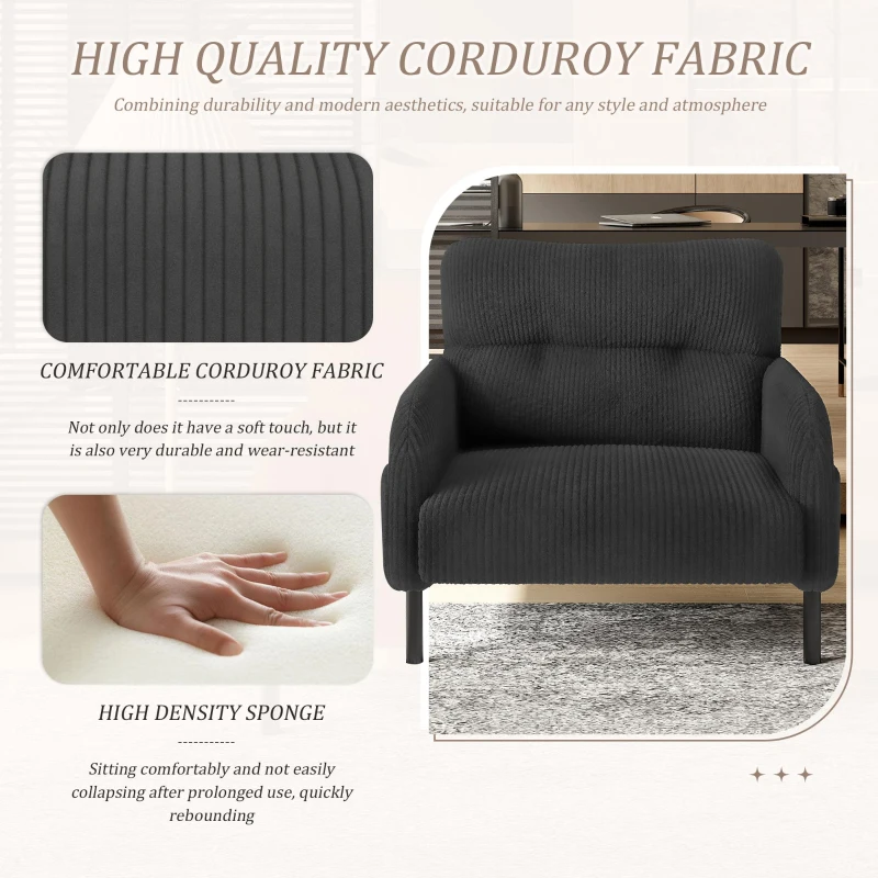 Corduroy Single-Seater Armchair with High-Density Foam Cushion, Ergonomic Wide Seat with Double Side Storage Pockets, 67L x 75W x 79H cm, Gray