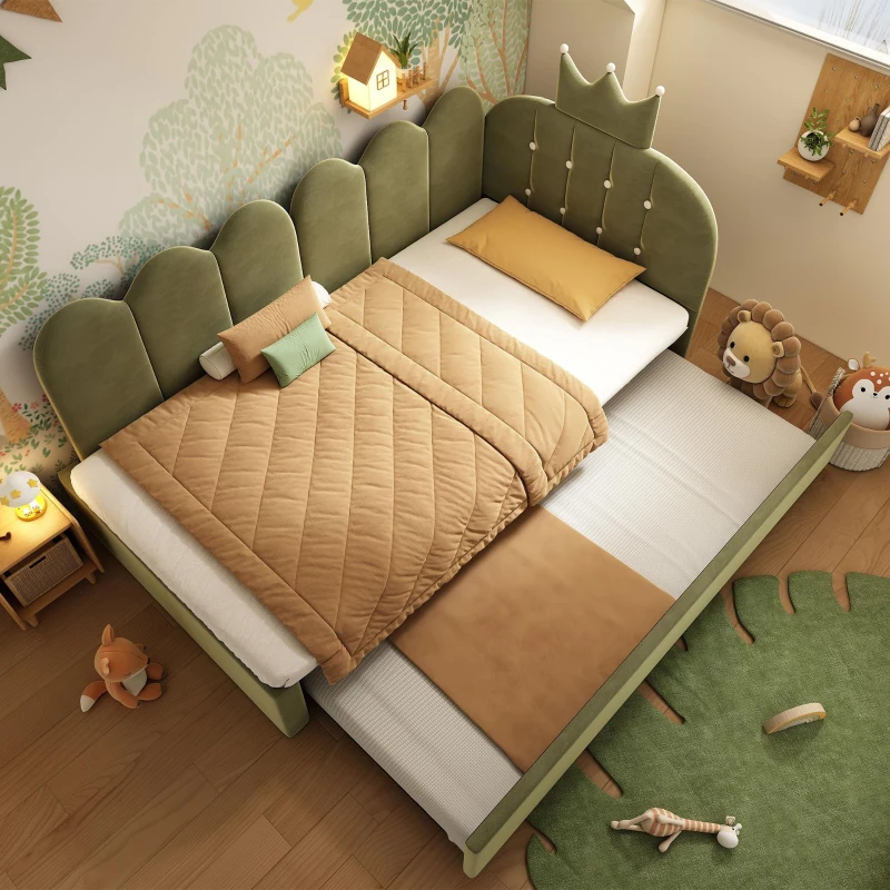 Upholstered Daybed with Pull-Out Trundle and Lattice Detail, Crown-Headboard Kids Bed with Metal Slatted Frame, 194L x 98W x 95H cm, Green