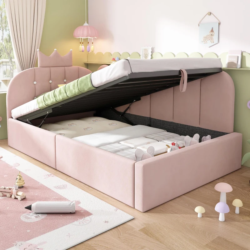 Upholstered Daybed with Hydraulic Storage and Crown Headboard, Space-Saving Guest Bed with Padded Velvet Upholstery, 199L x 96W x 96H cm, Pink