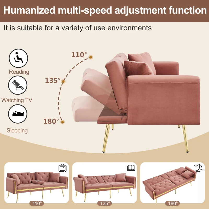 Two-Seater Convertible Sofa Bed with 3-Level Adjustable Backrest, Space-Saving Sleeper Sofa with High-Density Foam, 174L x 76W x 71.5H cm, Pink