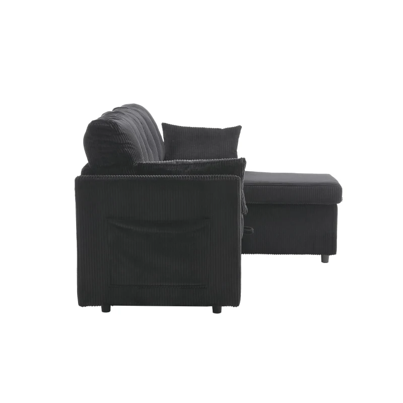 Stylish Sectional Sleeper Sofa with Reversible Storage Chaise, 3-In-1 L-Shaped Sofa with Corduroy Upholstery, 206L x 130W x 88H cm, Black