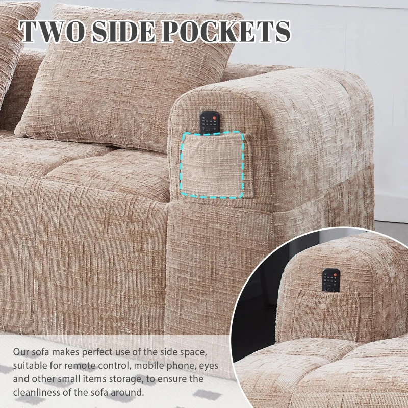 Oversized Modular L-Shaped Sofa with Deep-Seated Sleeper Design, Plush Sectional Sofa with Hidden Side Pockets, 250L x 158W x 60H cm, Khaki