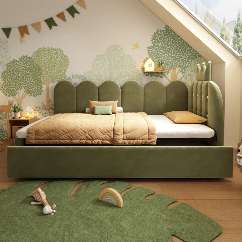 Upholstered Daybed with Pull-Out Trundle and Lattice Detail, Crown-Headboard Kids Bed with Metal Slatted Frame, 194L x 98W x 95H cm, Green