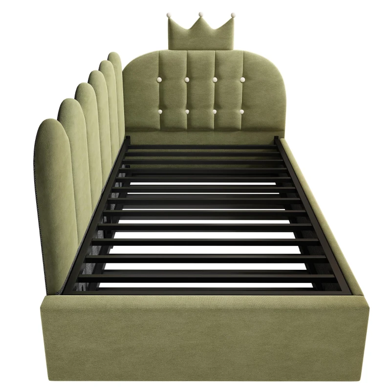 Upholstered Daybed with Pull-Out Trundle and Lattice Detail, Crown-Headboard Kids Bed with Metal Slatted Frame, 194L x 98W x 95H cm, Green