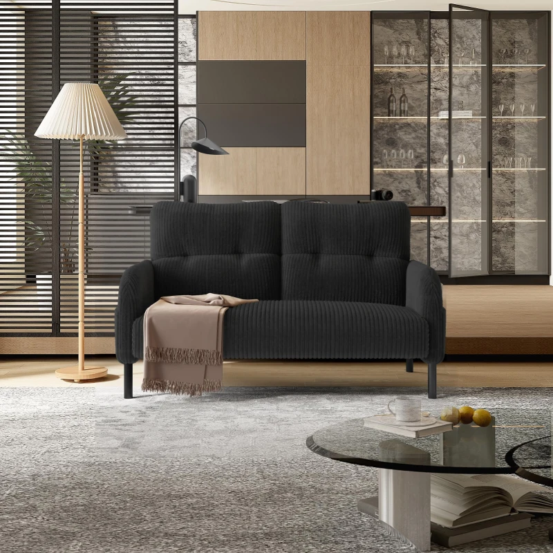 Modern Two-Seater Corduroy Sofa with High-Rebound Springs, Comfortable Loveseat with Side Storage Pockets, 120L x 65W x 79H cm, Gray