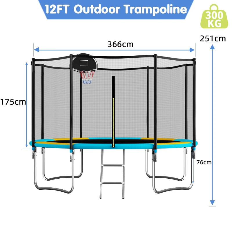 Outdoor Trampoline with Basketball Hoop and Safety Net, Heavy Duty Rebounder with Weatherproof Steel Frame, 366L x 366W x 76H cm, Blue
