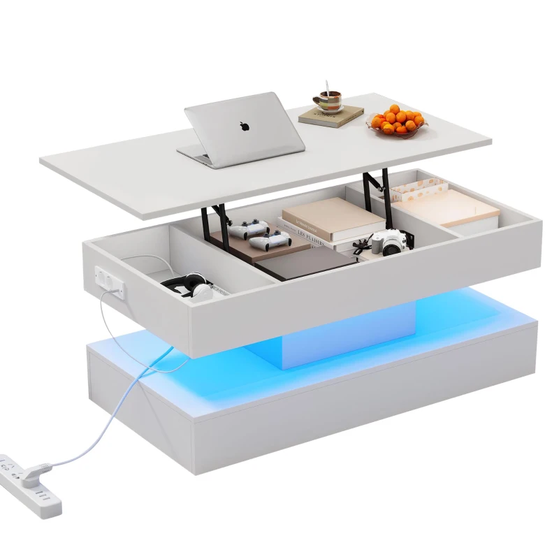 Modern Coffee Table with Bluetooth-Controlled LED Lighting, Lift-Up Center Table with Hidden Storage and Hydraulic Lift, 100L x 50W x 42H cm, White