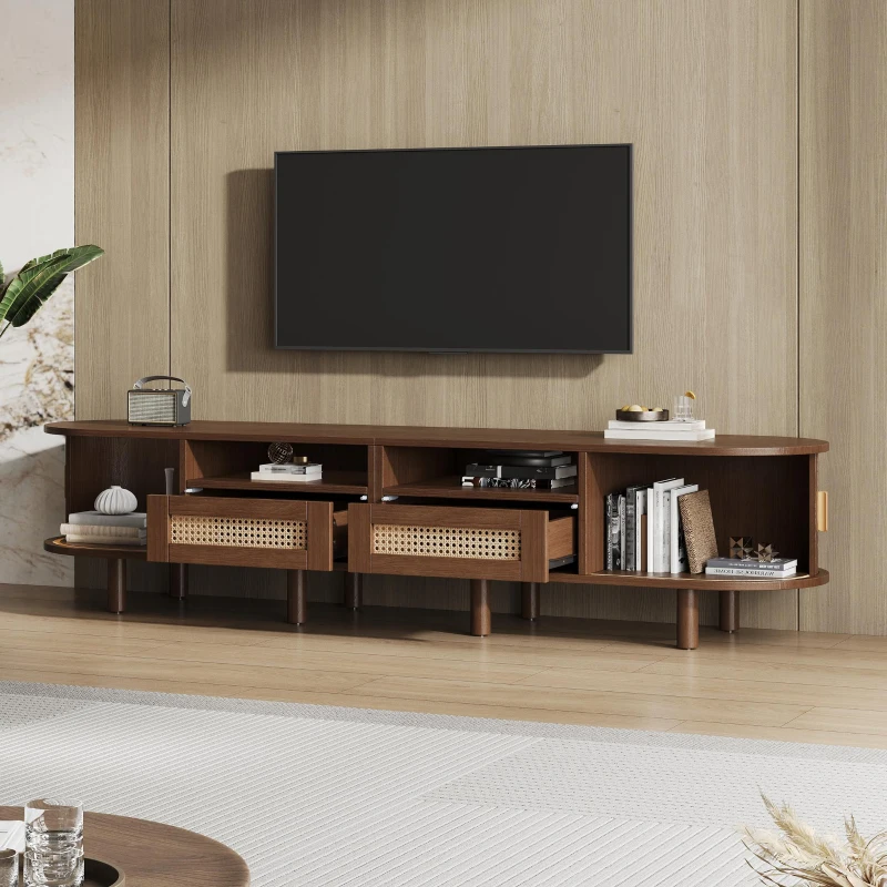 Rattan TV Stand with Sliding Doors and 8 Solid Wood Legs, Oak TV Cabinet with Rounded Corner, 170L x 40W x 40H cm, Oak