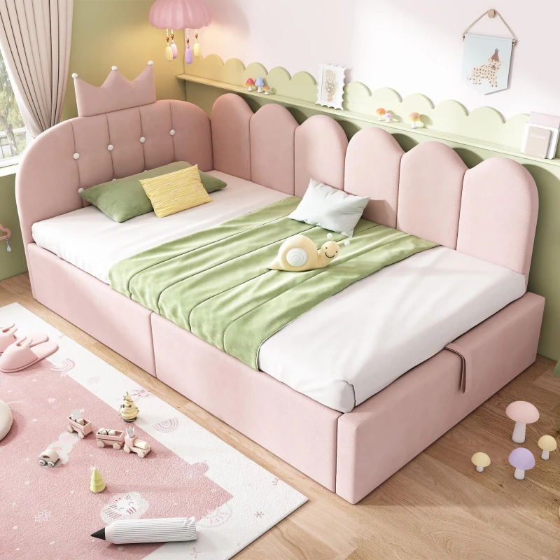 Upholstered Daybed with Hydraulic Storage and Crown Headboard, Space-Saving Guest Bed with Padded Velvet Upholstery, 199L x 96W x 96H cm, Pink
