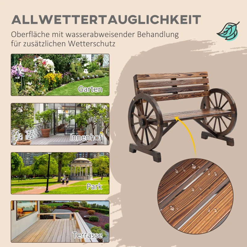 Outsunny tuinbank, ontwerp met wagenwiel, voor 2 personen, natuurlijk hout, donkerbruin, 105,5 x 56 x 79 cm(m-6)
