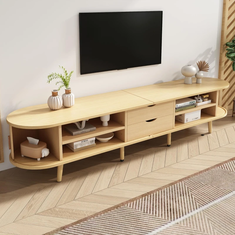 Minimalist TV Stand with Oval Top and Rounded Corners, Light Oak TV Cabinet with Solid Wood Legs, 175L x 40W x 40H cm, Oak