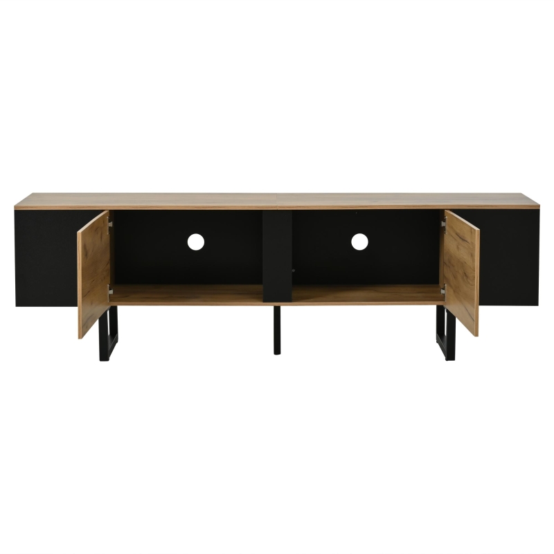 Natural-Wood TV Cabinet with Open Shelves and Soft-Close Doors, Stylish TV Stand with Durable Chipboard Construction, 180L x 40W x 55H cm, Natural