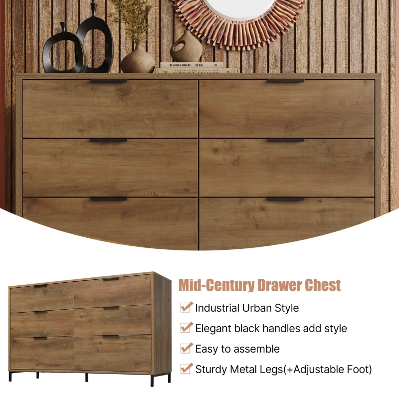 Dark Oak Sideboard with 6 Drawers and Industrial Metal Frame, Industrial Rustic Cabinet with Adjustable Feet, 120L x 40W x 76H cm, Dark Oak