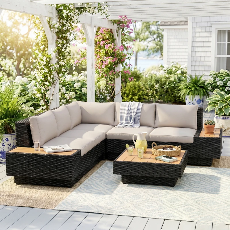 Outsunny 4 PCs Rattan Garden Furniture - Outdoor Sectional Corner Sofa and Coffee Table Set, Conservatory Wicker Weave Furniture with Armrest and Cushions, Black