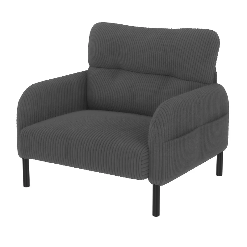 Corduroy Single-Seater Armchair with High-Density Foam Cushion, Ergonomic Wide Seat with Double Side Storage Pockets, 67L x 75W x 79H cm, Gray