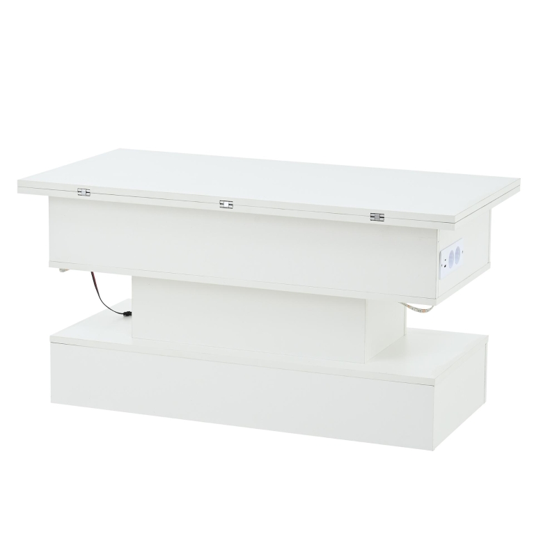 Multifunctional White Coffee Table with Integral Power Outlet, Modern Center Table with App-Controlled LED Light, 100L x 50W x 51.5H cm, White
