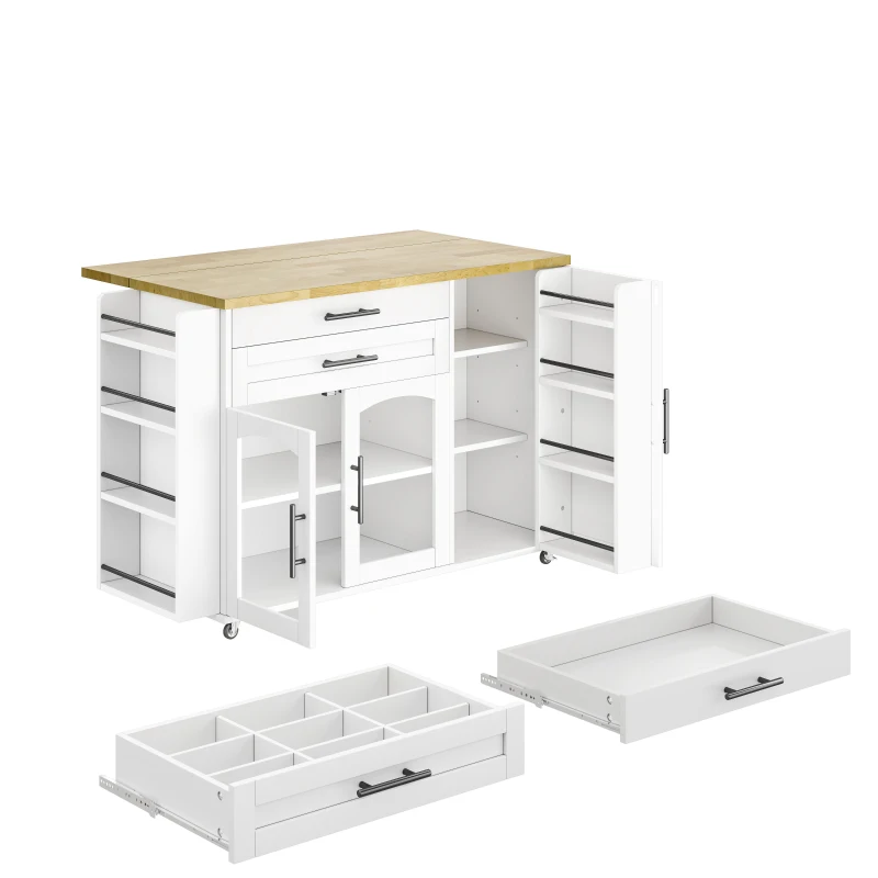 Mobile Kitchen Island Trolley with Lockable 360° Wheels, Glass-Door Storage Cabinet with Adjustable Shelves, 138L x 70W x 90H cm, White