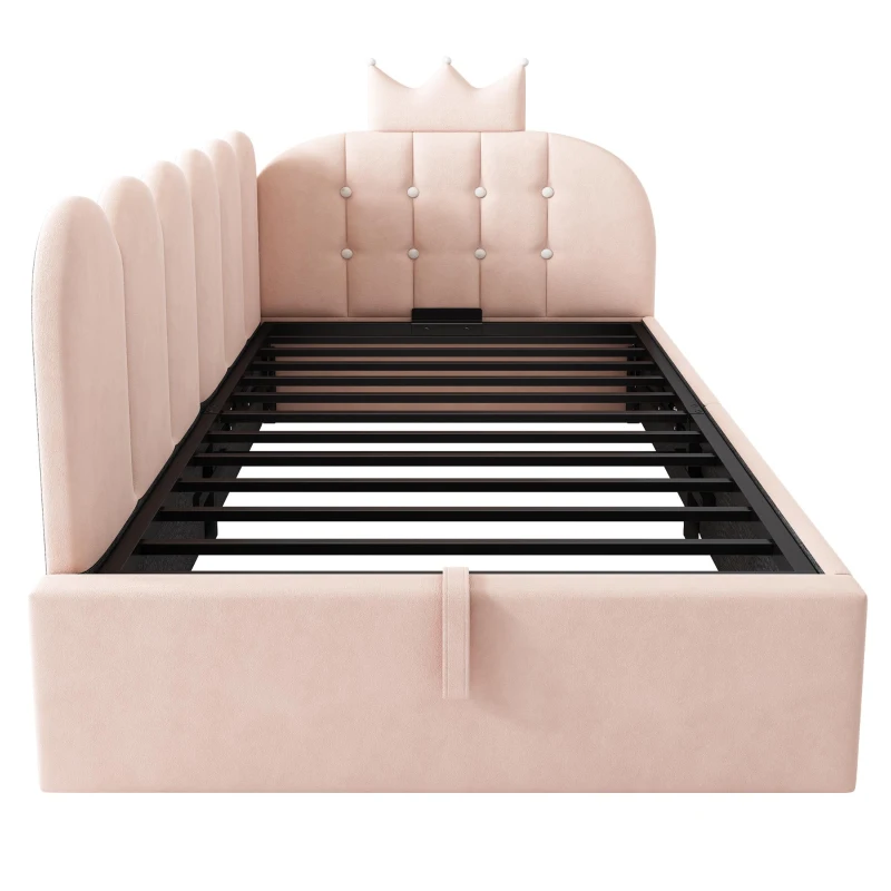 Upholstered Daybed with Hydraulic Storage and Crown Headboard, Space-Saving Guest Bed with Padded Velvet Upholstery, 199L x 96W x 96H cm, Pink