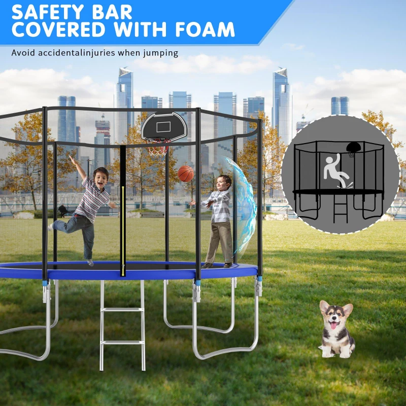 Outdoor Trampoline with Basketball Hoop and Safety Net, Heavy Duty Rebounder with Weatherproof Steel Frame, 366L x 366W x 76H cm, Blue