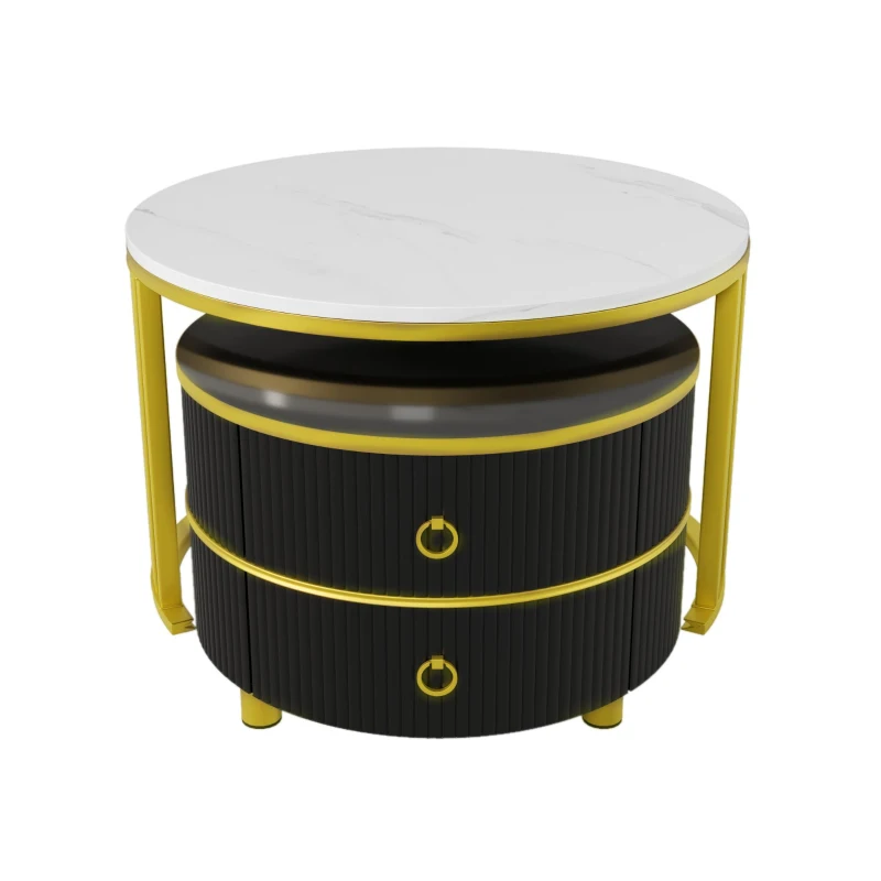 2-In-1 Round Coffee Table Set with High-Gloss Tops, Space-Saving Center Table Set with 2 Drawers, 70L x 70W x 46H cm, White+Black