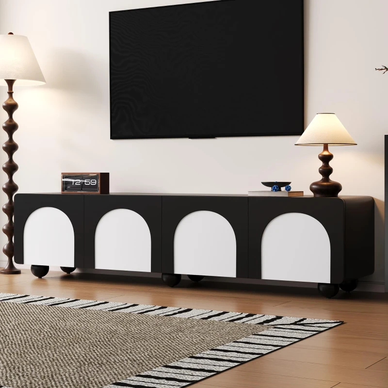 Móvel TV com 2 gavetas e 2 portas, pés redondos ,180X38X45 cm, Preto+Branco