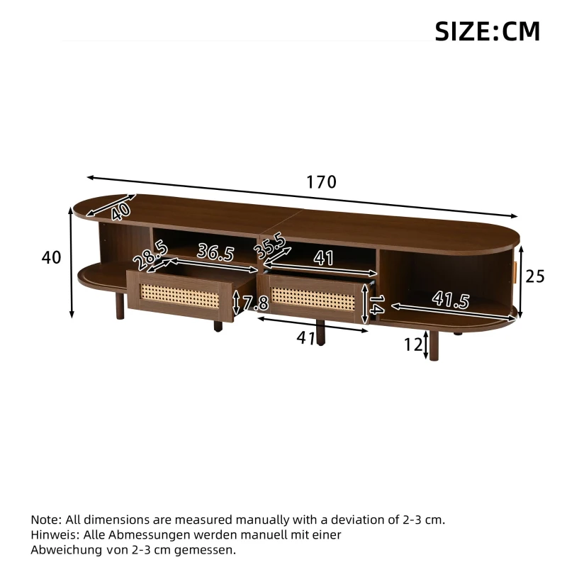 Rattan TV Stand with Sliding Doors and 8 Solid Wood Legs, Oak TV Cabinet with Rounded Corner, 170L x 40W x 40H cm, Oak