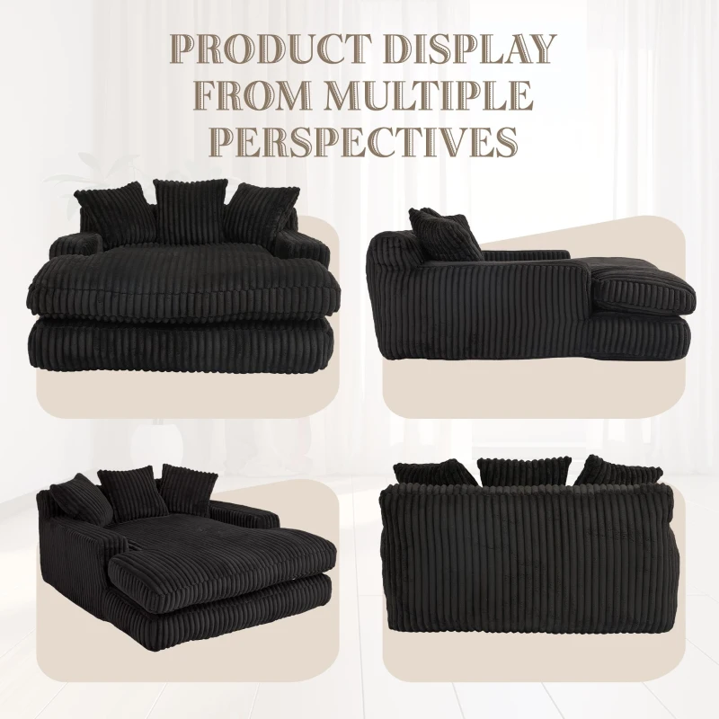 Modern Oversized Chaise Lounge Chair with Memory Foam Seat, Versatile Sofa Bed for Living Room or Bedroom, 155L x 125W x 63H cm, Black