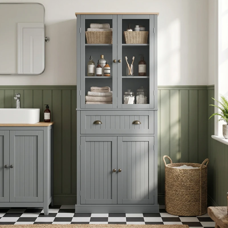 HOMCOM Buffet mueble de cocina armario de cocina 4 puertas, 2 puertas vitradas y 1 cajón estantes regulables - gris