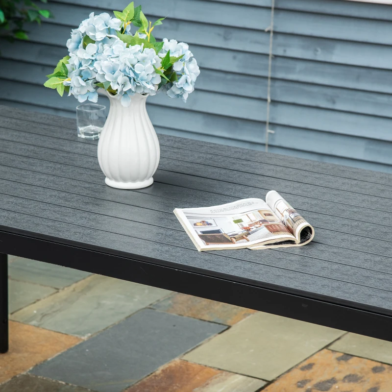 Outsunny Gartentisch Kunststoff 190 x 84,5 x 72 cm UV- & Wetterfest Balkontisch mit Holzoptik, Holzstrukur, rutschfest Buffettisch für 6 Personen Outdoor Esstisch für Garten, Balkon Schwarz