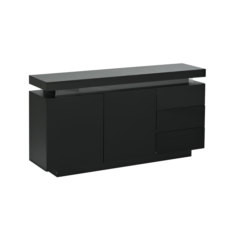 High Gloss Sideboard with LED Lights and Noiseless Hydraulic Hinges, Modern Storage Cabinet with 2 doors and 3 drawers, 140L x 35W x 72.5H cm, Black