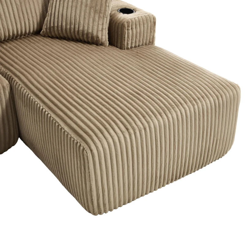 Modular L-Shaped Sectional Sofa with Deep Seat, Plush Corduroy Boneless Couch for Living Room, 257L x 160W x 80H cm, Khaki