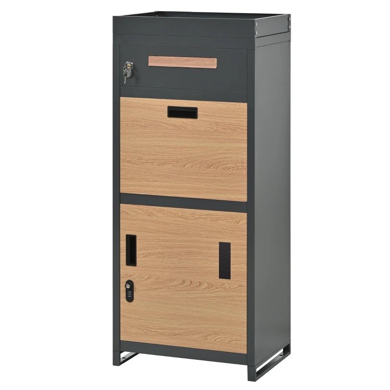 Parcel Mailbox with Integrated Planter and Letter Storage, Anti-Theft Parcel Delivery Box with Viewing Window, 50L x 37W x 118.5H cm, Grey+Wood