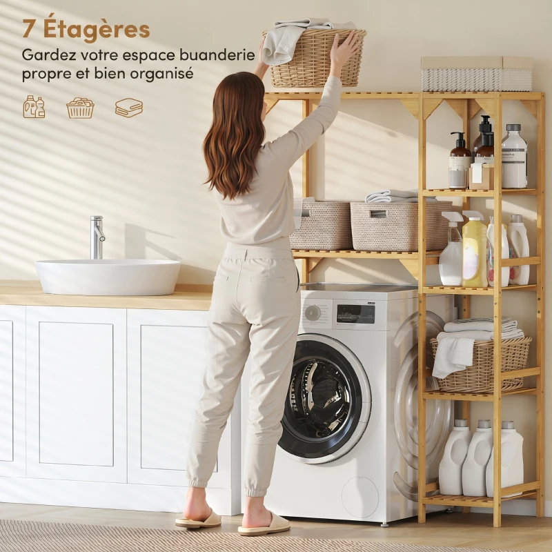 HOMCOM Étagère au-dessus de Machine à Laver en Bambou, Meuble de Salle de Bain Moderne avec Étagères Réversibles, Bois Naturel