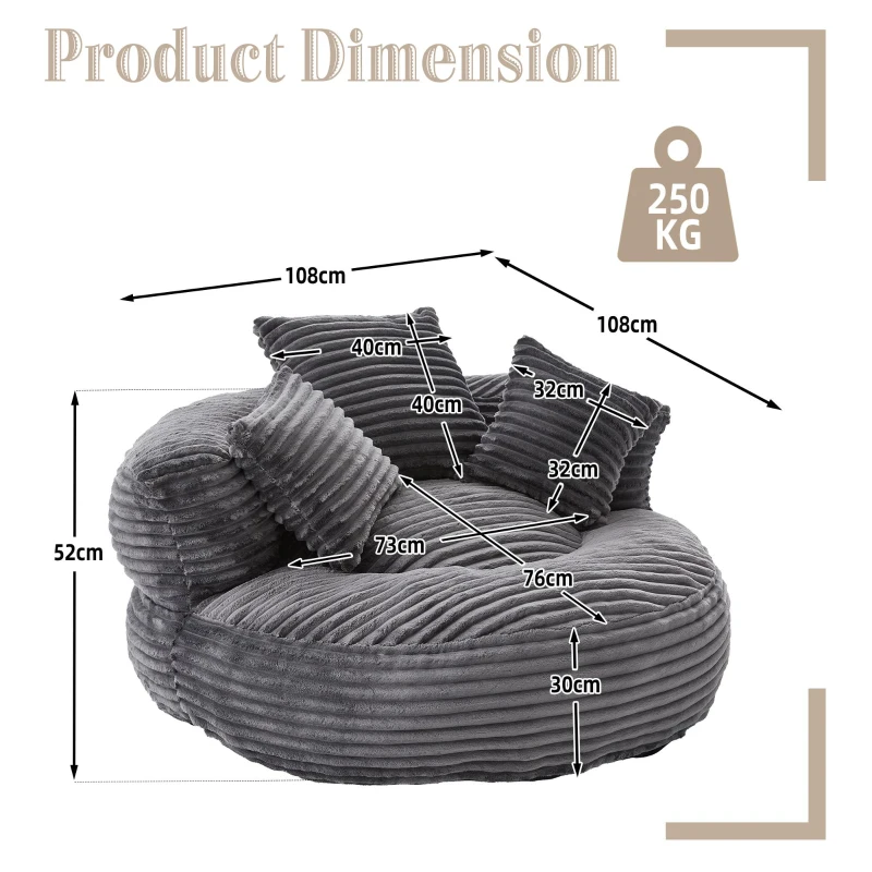 Giant Bean Bag Chair with Shredded Memory Foam, Pre-Filled Lounge Chair with High Back, 108L x 108W x 52H cm, Dark Gray