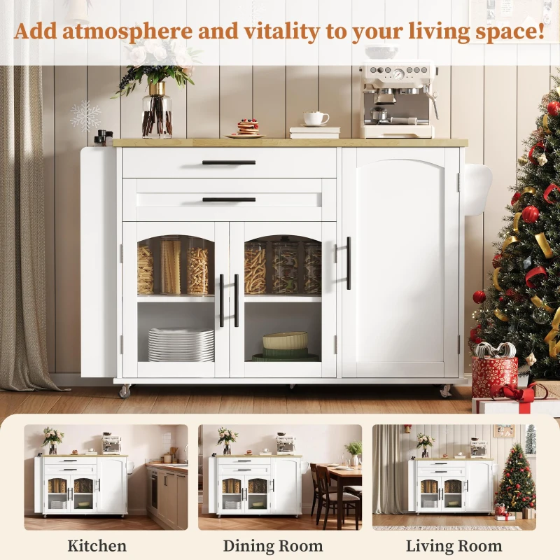 Mobile Kitchen Island Trolley with Lockable 360° Wheels, Glass-Door Storage Cabinet with Adjustable Shelves, 138L x 70W x 90H cm, White