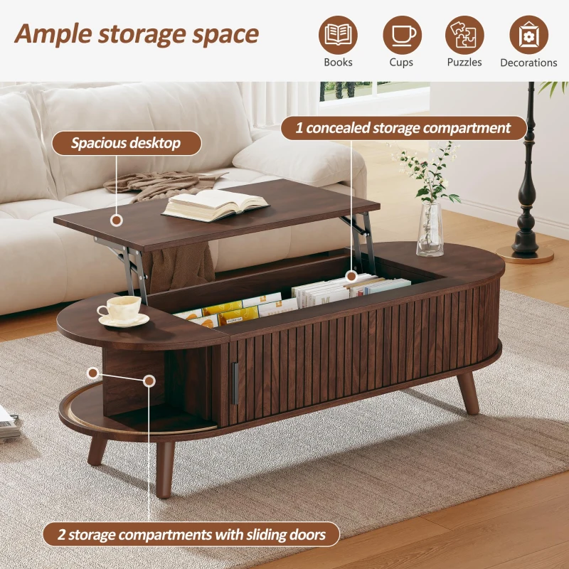 Lift-Up Oval Coffee Table with Hidden Storage and Roller-Shutter Doors, Space-Saving Centre Table with Solid Wood Legs, 120L x 50W x 39.5H cm, Wood