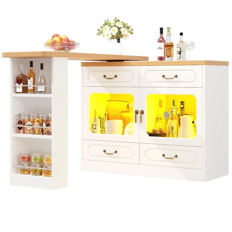 360° Rotating Kitchen Island with App-Controlled LED Lights and Music Sync, Extendable Bar Table with 4 Drawers, 135L x 39W x 93H cm, White