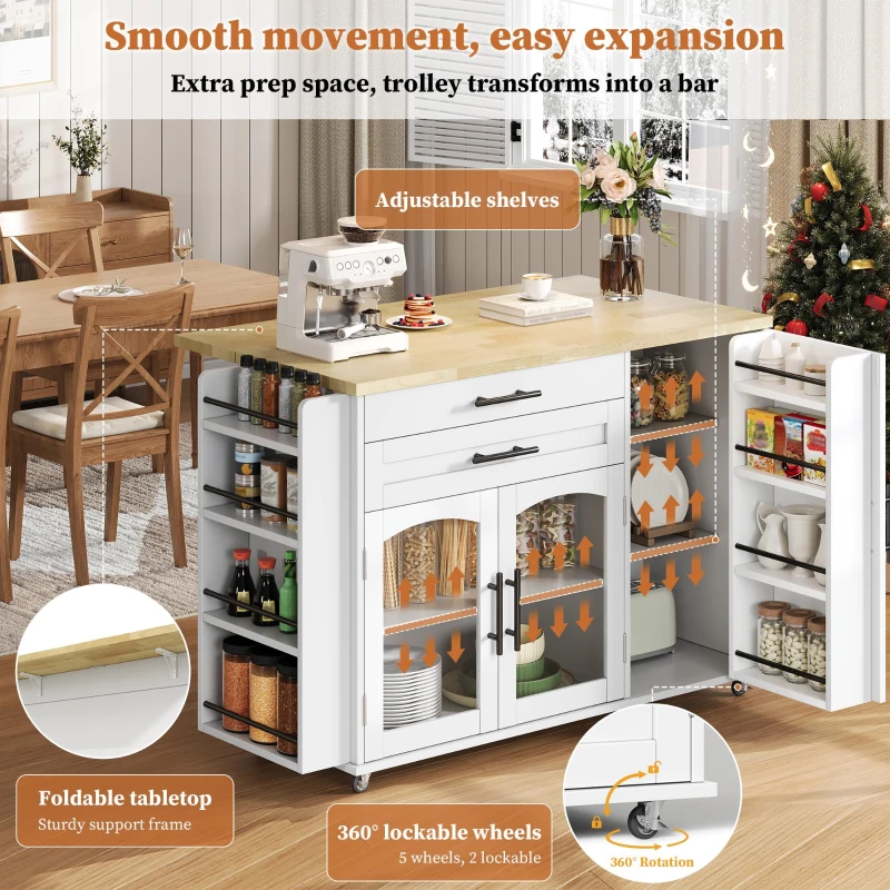 Mobile Kitchen Island Trolley with Lockable 360° Wheels, Glass-Door Storage Cabinet with Adjustable Shelves, 138L x 70W x 90H cm, White