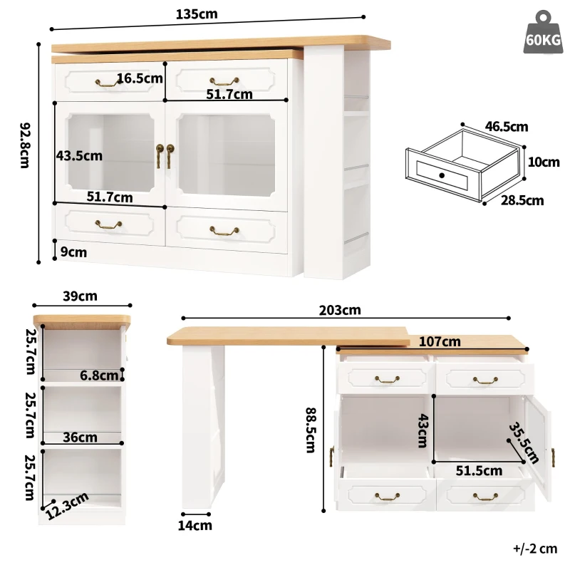360° Rotating Kitchen Island with App-Controlled LED Lights and Music Sync, Extendable Bar Table with 4 Drawers, 135L x 39W x 93H cm, White