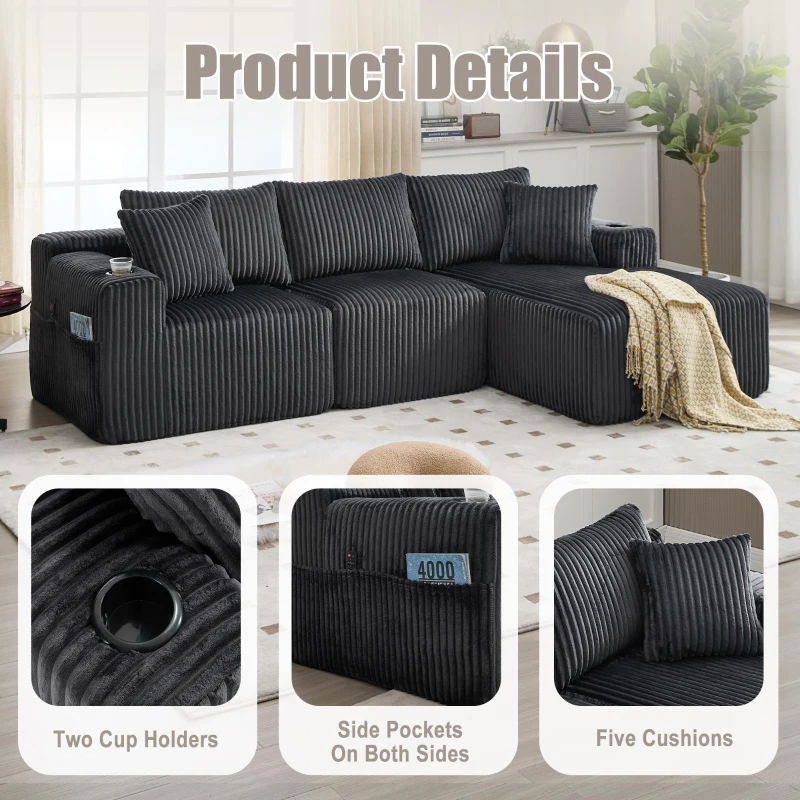 Modular L-Shaped Sectional Sofa with Deep Seat, Plush Corduroy Boneless Couch for Living Room, 257L x 160W x 80H cm, Gray