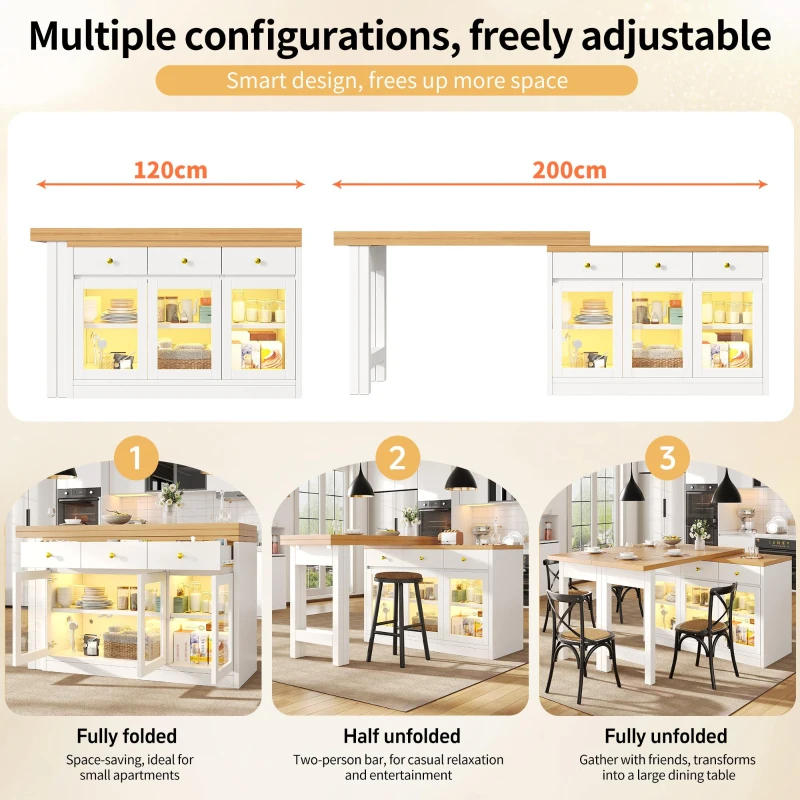 Extendable Kitchen Island with Multicolour RGB LED Lighting, Modern Dining Table with 3 Deep Drawers, 120L x 40W x 75.5H cm, White